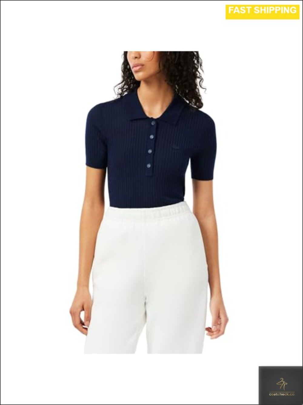 Merino Wool 3D Rib Knit Polo Collar Short Sleeve Sweater